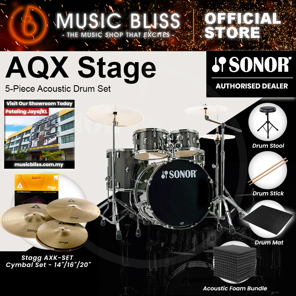 Sonor AQX Stage 5-Piece Acoustic Drum Set with Hardware - 22 Inch Bass Drum - Black Midnight Sparkle - Image 3