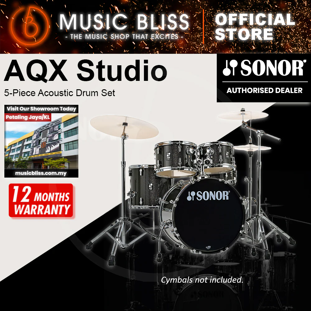 Sonor AQX Studio 5-Piece Acoustic Drum Set with Hardware - 20 Inch Bass Drum - Black Midnight Sparkle