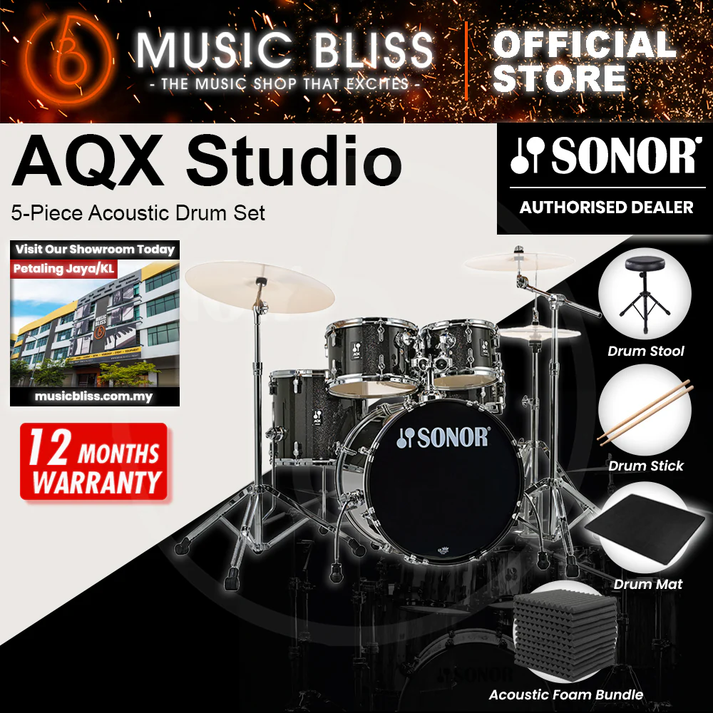 Sonor AQX Studio 5-Piece Acoustic Drum Set with Hardware - 20 Inch Bass Drum - Black Midnight Sparkle - Image 2