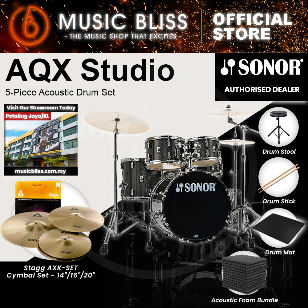 Sonor AQX Studio 5-Piece Acoustic Drum Set with Hardware - 20 Inch Bass Drum - Black Midnight Sparkle - Image 3