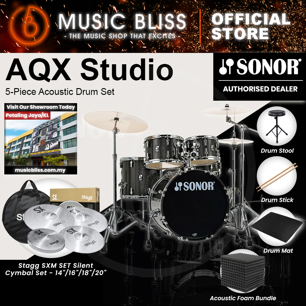 Sonor AQX Studio 5-Piece Acoustic Drum Set with Hardware - 20 Inch Bass Drum - Black Midnight Sparkle - Image 4