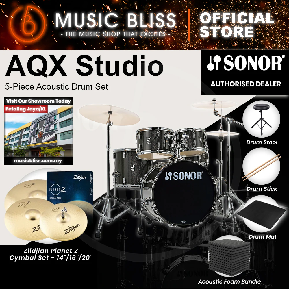 Sonor AQX Studio 5-Piece Acoustic Drum Set with Hardware - 20 Inch Bass Drum - Black Midnight Sparkle - Image 5