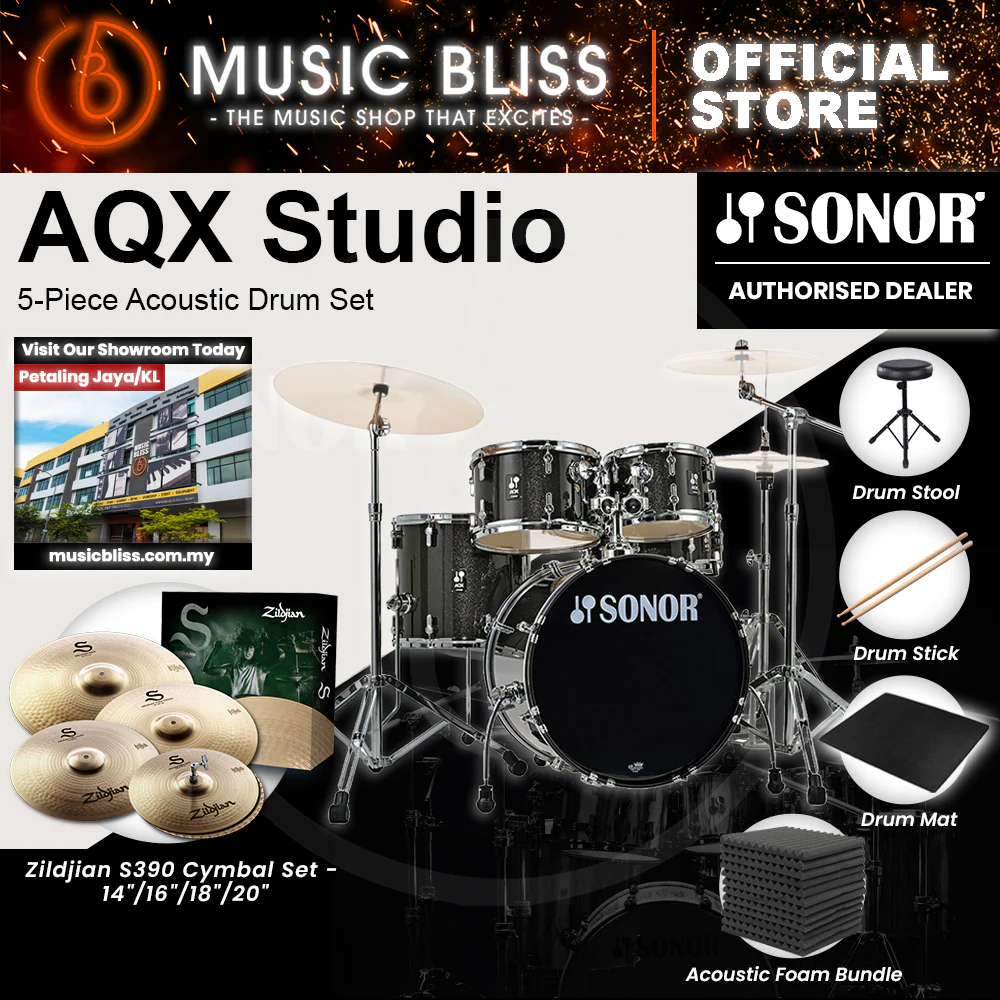 Sonor AQX Studio 5-Piece Acoustic Drum Set with Hardware - 20 Inch Bass Drum - Black Midnight Sparkle - Image 6