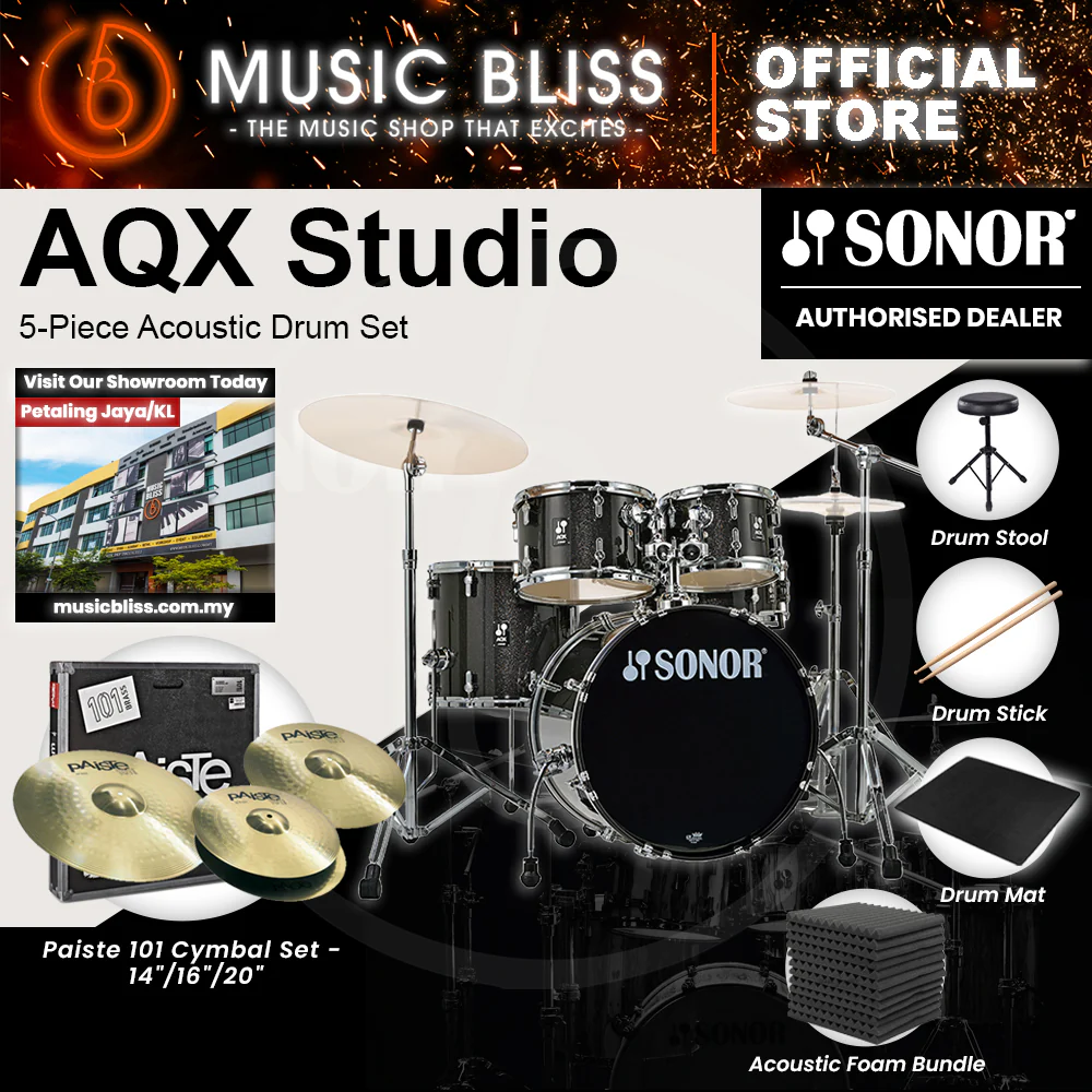 Sonor AQX Studio 5-Piece Acoustic Drum Set with Hardware - 20 Inch Bass Drum - Black Midnight Sparkle - Image 7