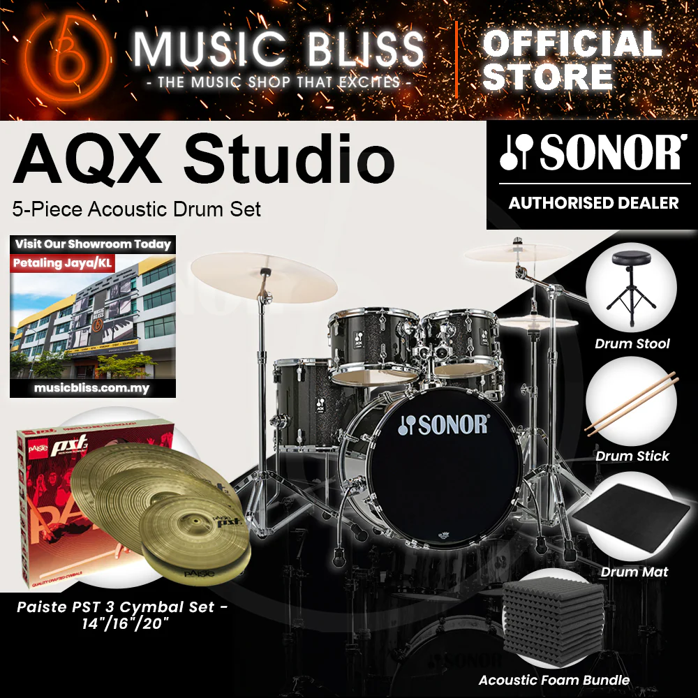 Sonor AQX Studio 5-Piece Acoustic Drum Set with Hardware - 20 Inch Bass Drum - Black Midnight Sparkle - Image 8