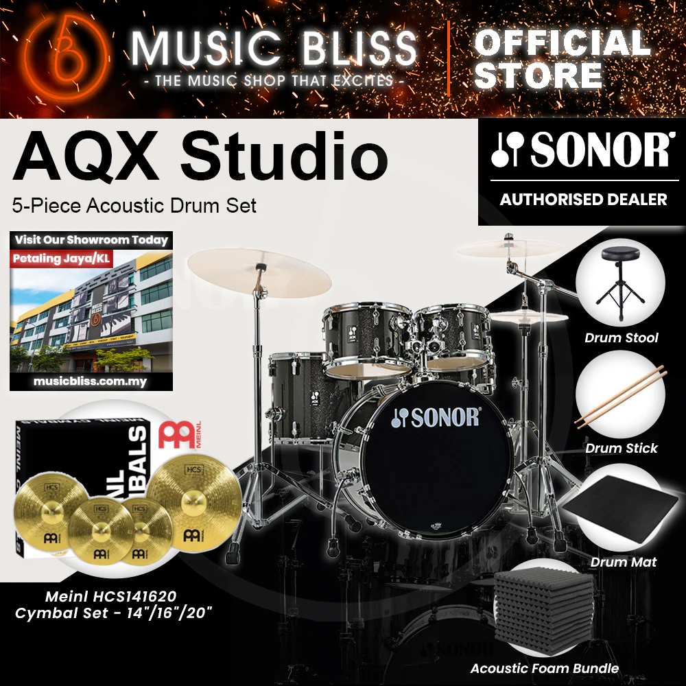 Sonor AQX Studio 5-Piece Acoustic Drum Set with Hardware - 20 Inch Bass Drum - Black Midnight Sparkle - Image 9