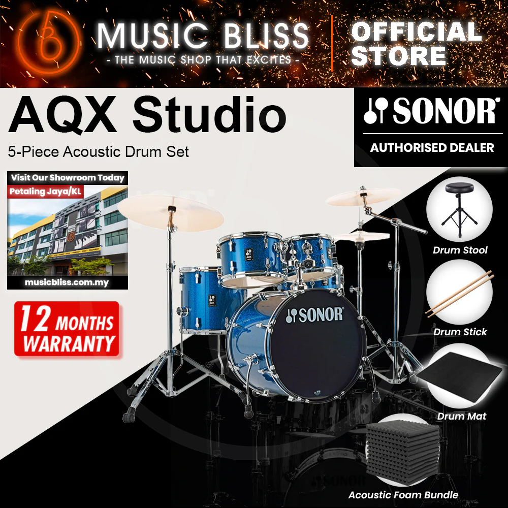 Sonor AQX Studio 5-Piece Acoustic Drum Set with Hardware - 20 Inch Bass Drum - Blue Ocean Sparkle - Image 2