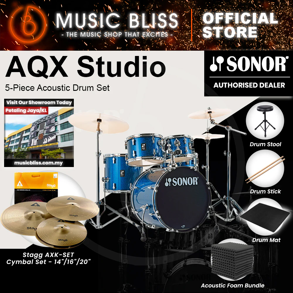 Sonor AQX Studio 5-Piece Acoustic Drum Set with Hardware - 20 Inch Bass Drum - Blue Ocean Sparkle - Image 3