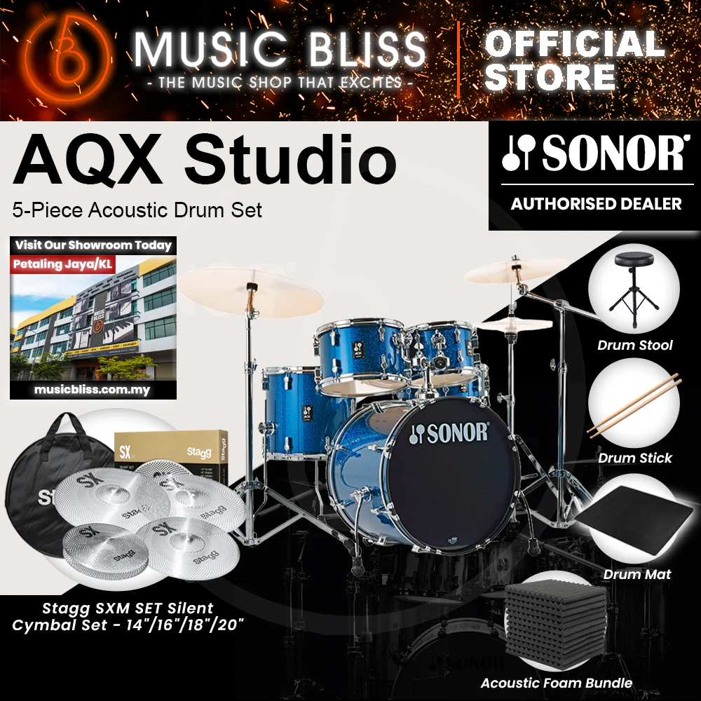 Sonor AQX Studio 5-Piece Acoustic Drum Set with Hardware - 20 Inch Bass Drum - Blue Ocean Sparkle - Image 4
