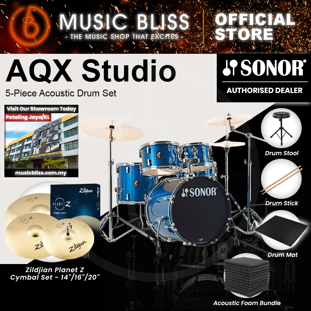 Sonor AQX Studio 5-Piece Acoustic Drum Set with Hardware - 20 Inch Bass Drum - Blue Ocean Sparkle - Image 5