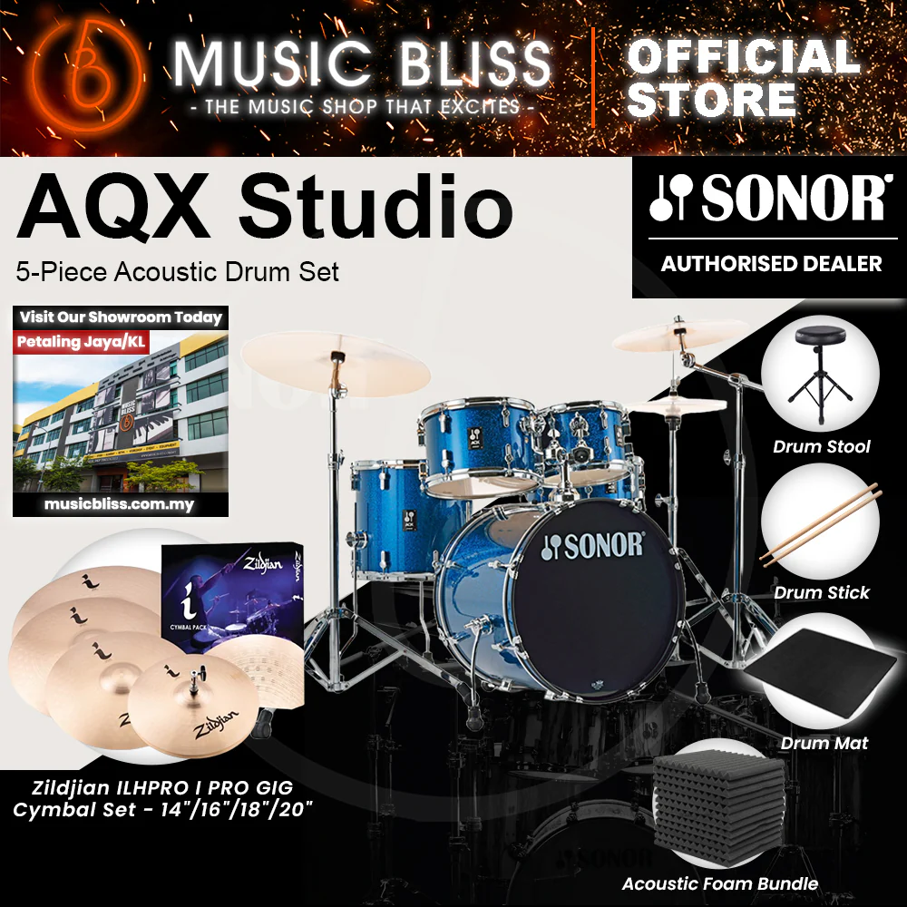 Sonor AQX Studio 5-Piece Acoustic Drum Set with Hardware - 20 Inch Bass Drum - Blue Ocean Sparkle - Image 6