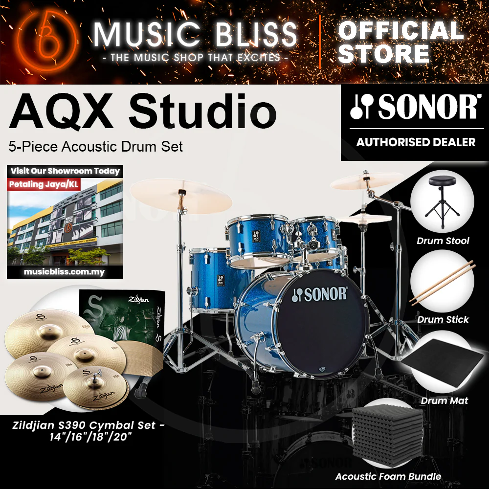 Sonor AQX Studio 5-Piece Acoustic Drum Set with Hardware - 20 Inch Bass Drum - Blue Ocean Sparkle - Image 7