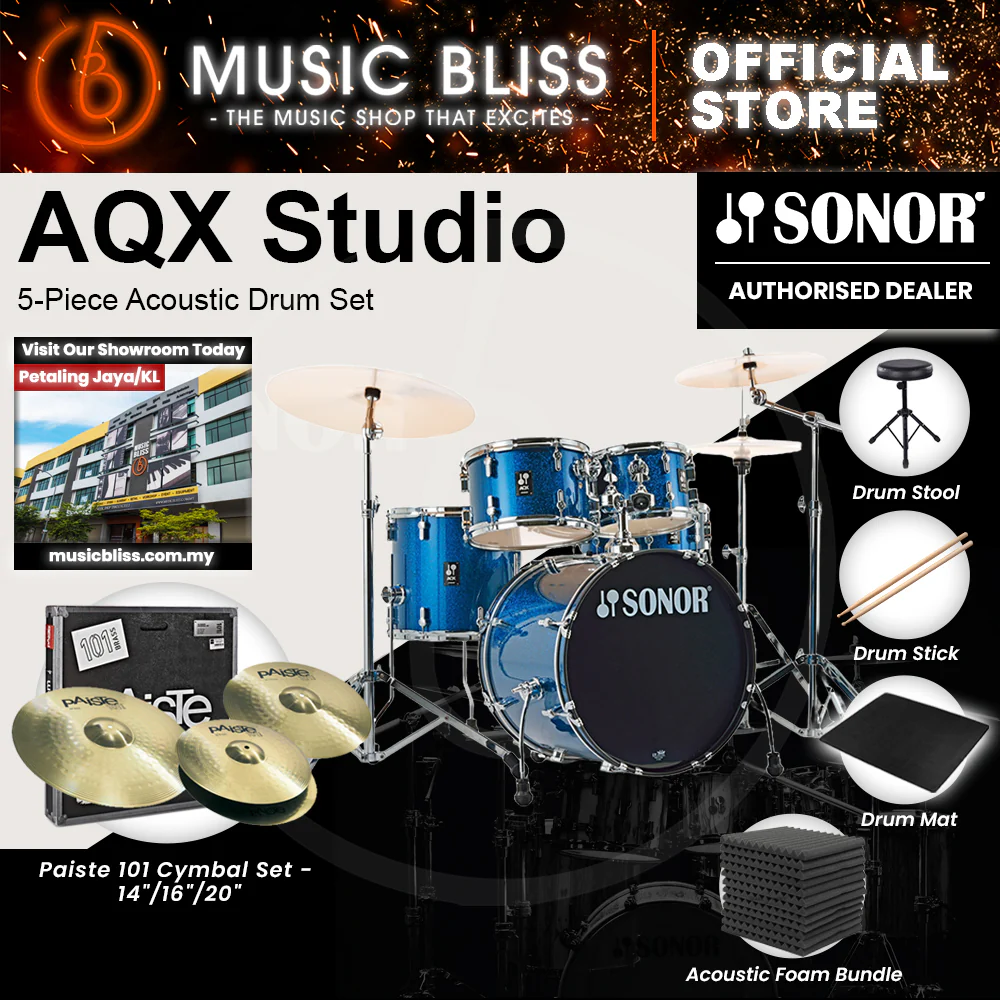 Sonor AQX Studio 5-Piece Acoustic Drum Set with Hardware - 20 Inch Bass Drum - Blue Ocean Sparkle - Image 8