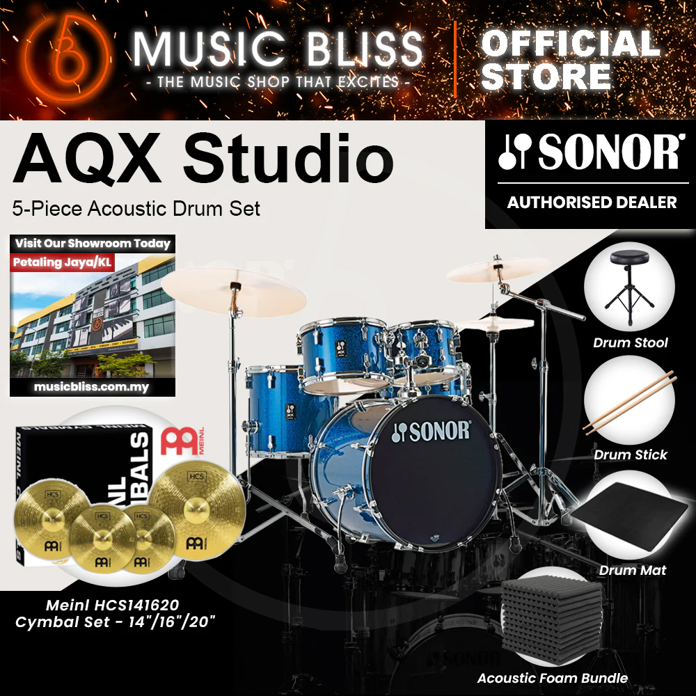 Sonor AQX Studio 5-Piece Acoustic Drum Set with Hardware - 20 Inch Bass Drum - Blue Ocean Sparkle - Image 9