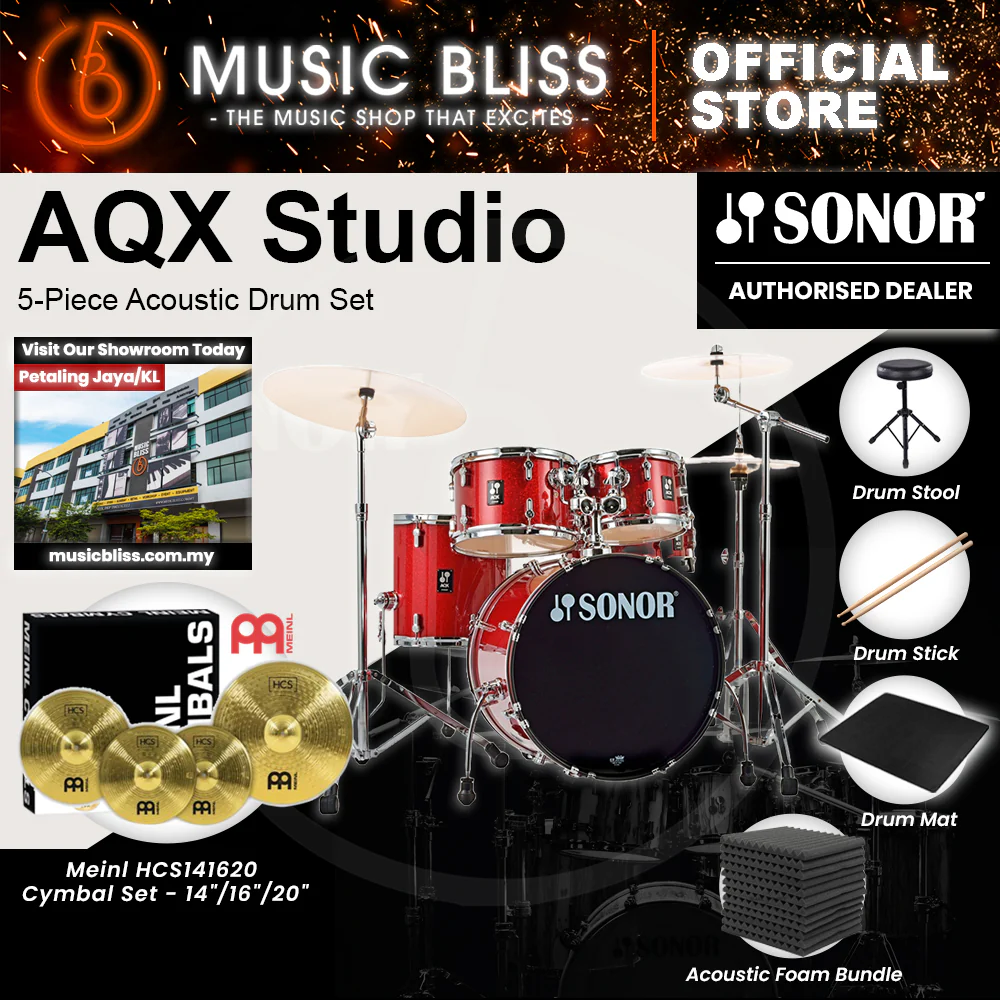 Sonor AQX Studio 5-Piece Acoustic Drum Set with Hardware - 20 Inch Bass Drum - Red Moon Sparkle - Image 10
