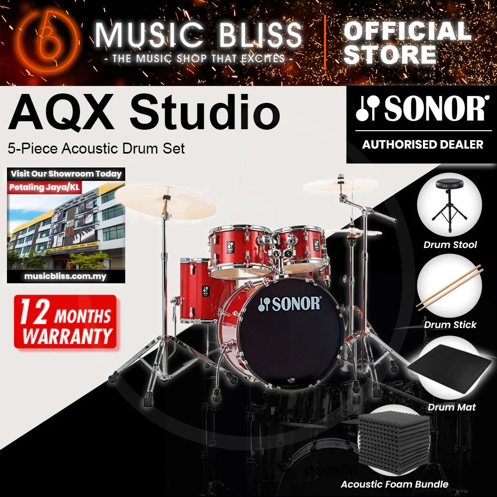Sonor AQX Studio 5-Piece Acoustic Drum Set with Hardware - 20 Inch Bass Drum - Red Moon Sparkle - Image 2