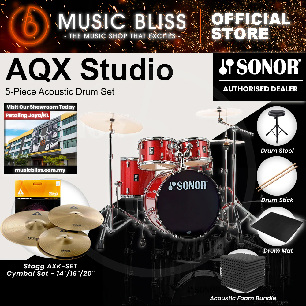 Sonor AQX Studio 5-Piece Acoustic Drum Set with Hardware - 20 Inch Bass Drum - Red Moon Sparkle - Image 3