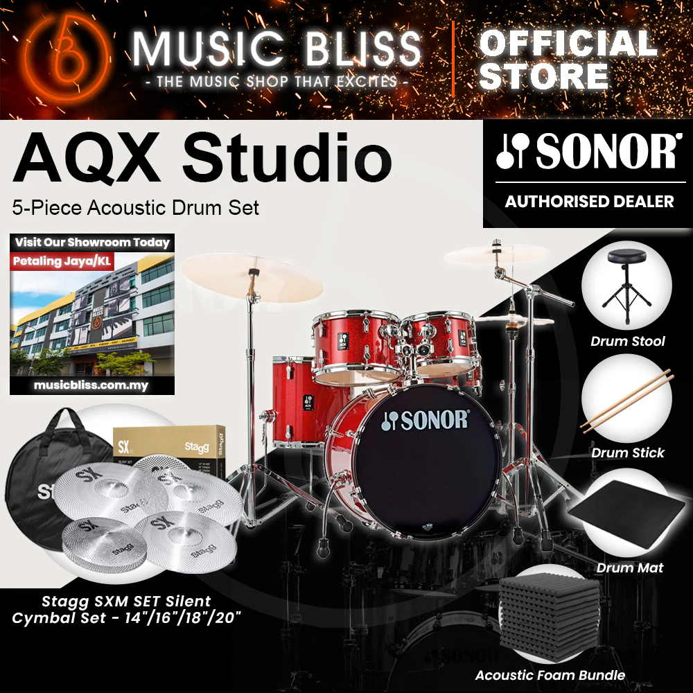 Sonor AQX Studio 5-Piece Acoustic Drum Set with Hardware - 20 Inch Bass Drum - Red Moon Sparkle - Image 4