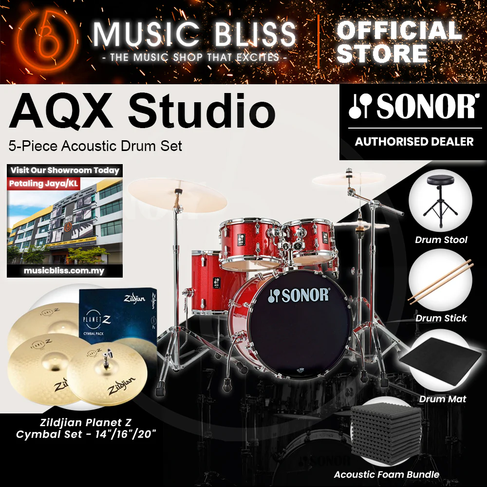 Sonor AQX Studio 5-Piece Acoustic Drum Set with Hardware - 20 Inch Bass Drum - Red Moon Sparkle - Image 5