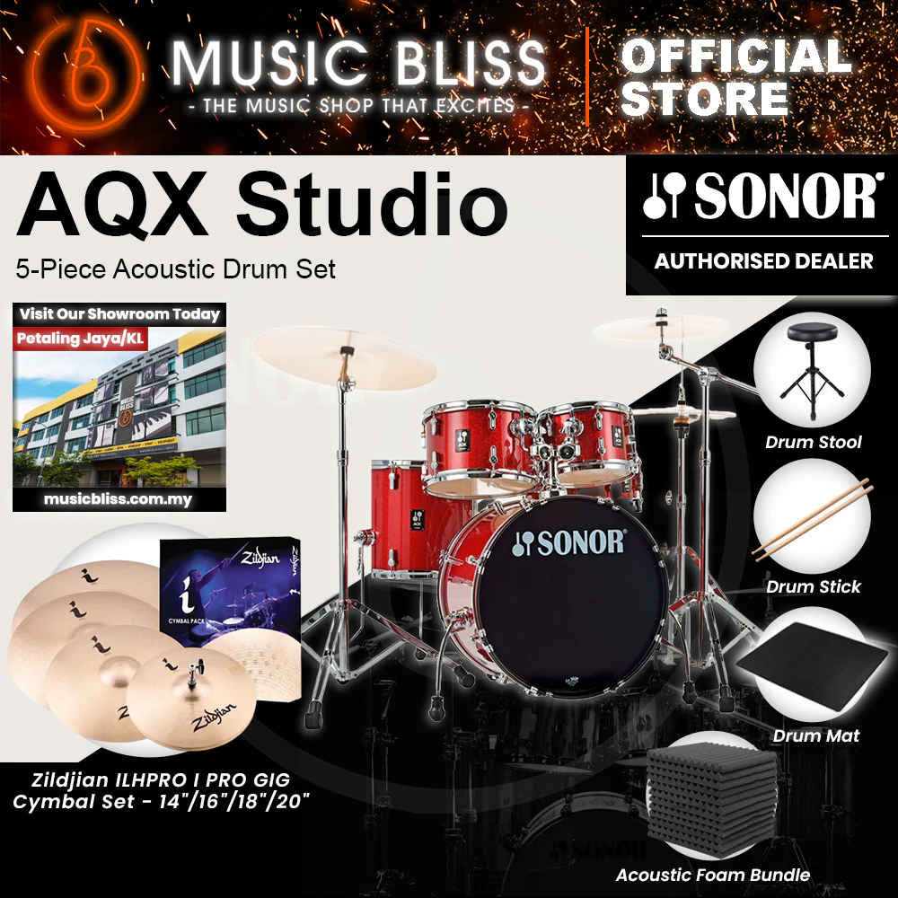 Sonor AQX Studio 5-Piece Acoustic Drum Set with Hardware - 20 Inch Bass Drum - Red Moon Sparkle - Image 6