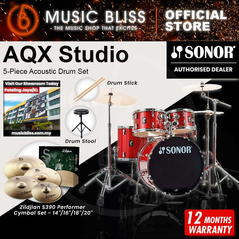 Sonor AQX Studio 5-Piece Acoustic Drum Set with Hardware - 20 Inch Bass Drum - Red Moon Sparkle - Image 7
