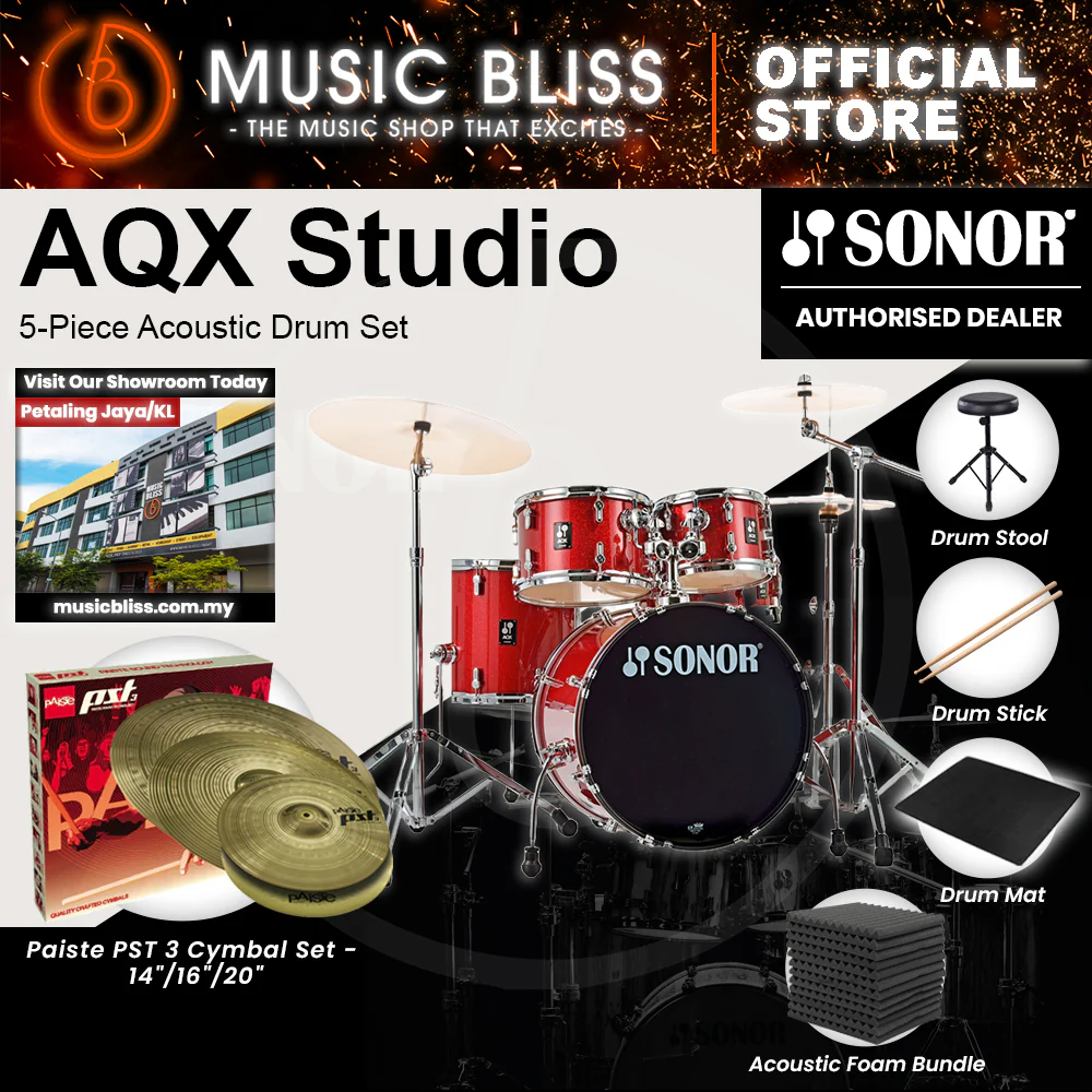 Sonor AQX Studio 5-Piece Acoustic Drum Set with Hardware - 20 Inch Bass Drum - Red Moon Sparkle - Image 9