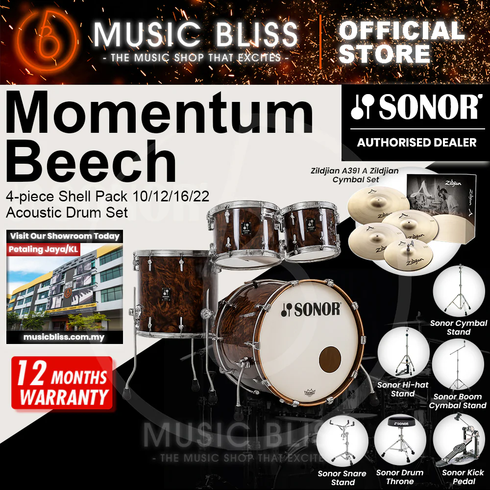 Sonor Momentum Beech 4-piece Shell Pack 10/12/16/22 Acoustic Drum Set - California Burl Veneer - Image 3
