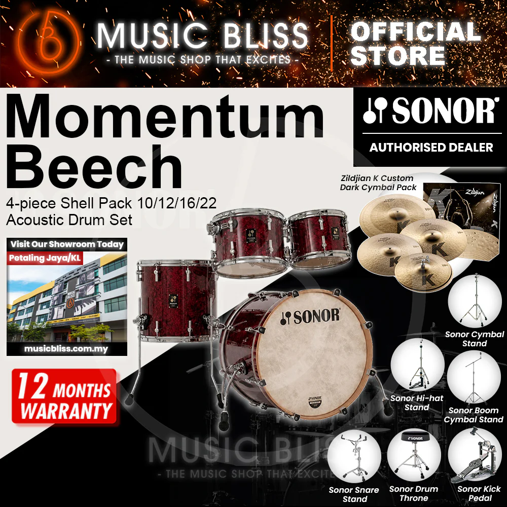 Sonor Momentum Beech 4-piece Shell Pack 10/12/16/22 Acoustic Drum Set - Red Pearl Wrap - Image 5