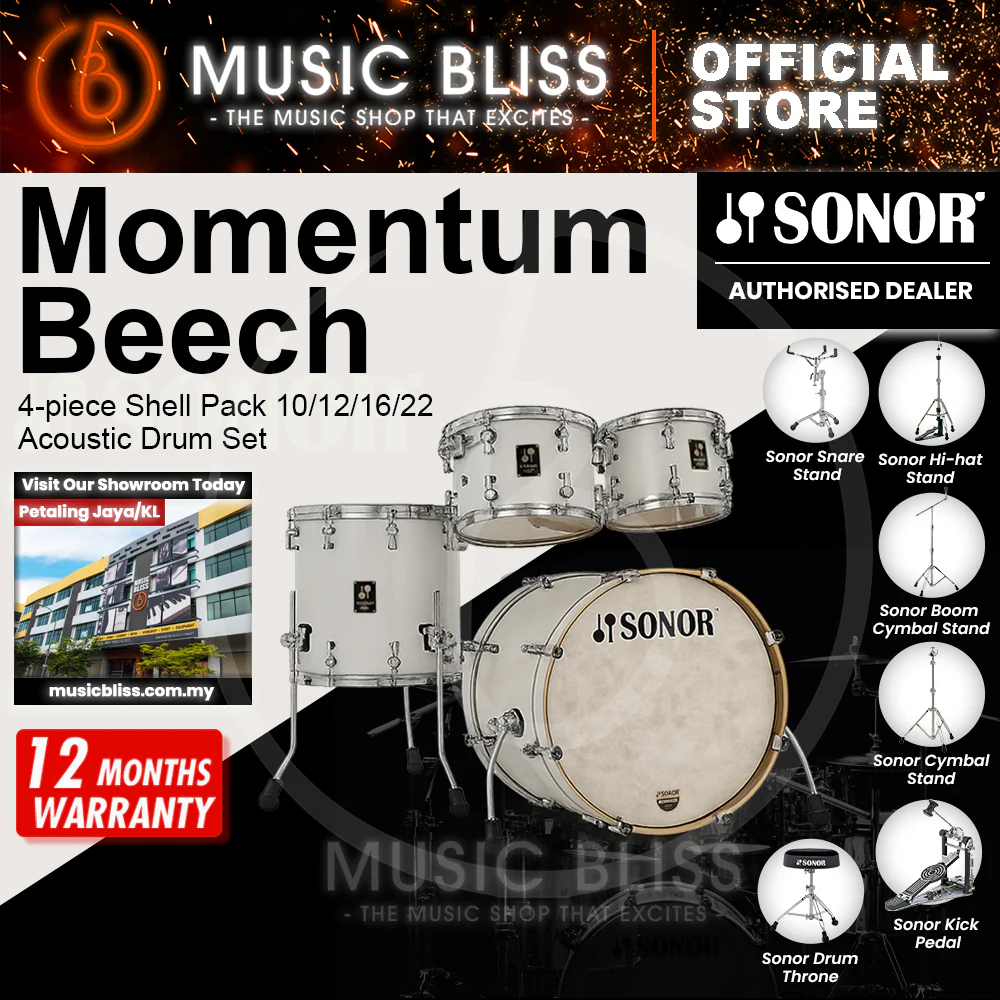 Sonor Momentum Beech 4-piece Shell Pack 10/12/16/22 Acoustic Drum Set - Satin Pure White Lacquered - Image 2