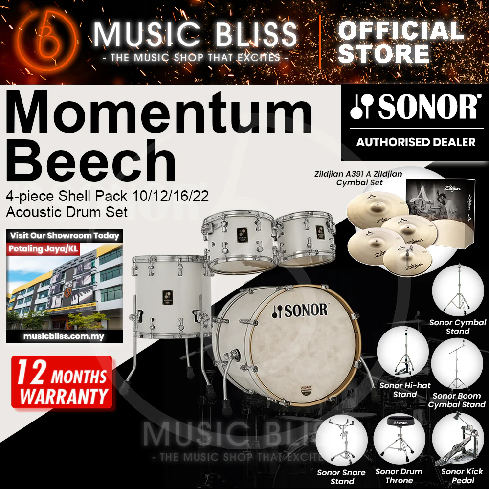 Sonor Momentum Beech 4-piece Shell Pack 10/12/16/22 Acoustic Drum Set - Satin Pure White Lacquered - Image 3
