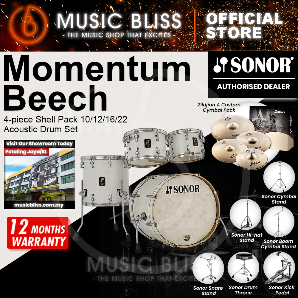 Sonor Momentum Beech 4-piece Shell Pack 10/12/16/22 Acoustic Drum Set - Satin Pure White Lacquered - Image 4