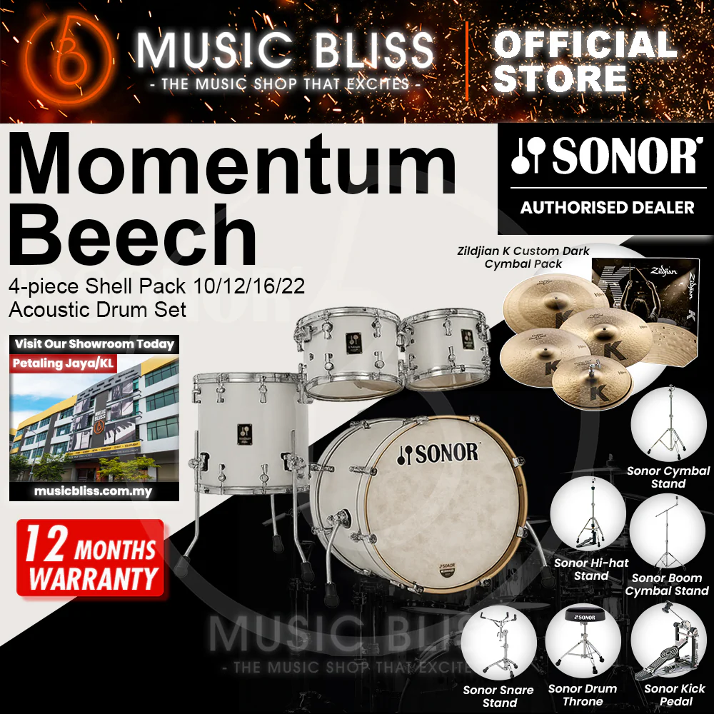 Sonor Momentum Beech 4-piece Shell Pack 10/12/16/22 Acoustic Drum Set - Satin Pure White Lacquered - Image 5
