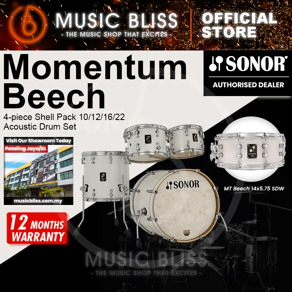 Sonor Momentum Beech 4-piece Shell Pack 10/12/16/22 Acoustic Drum Set - Satin Pure White Lacquered - Image 6