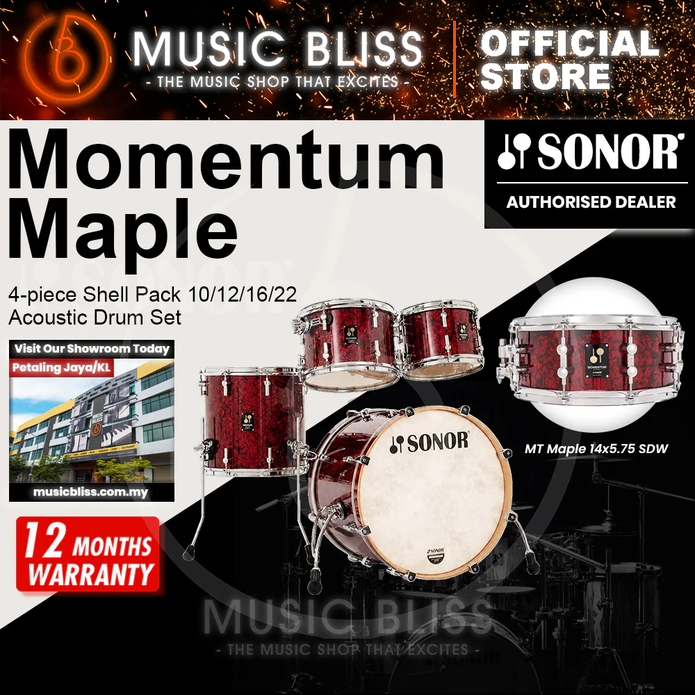 Sonor Momentum Maple 4-piece Shell Pack 10/12/16/22 Acoustic Drum Set - Red Pearl Wrap - Image 6
