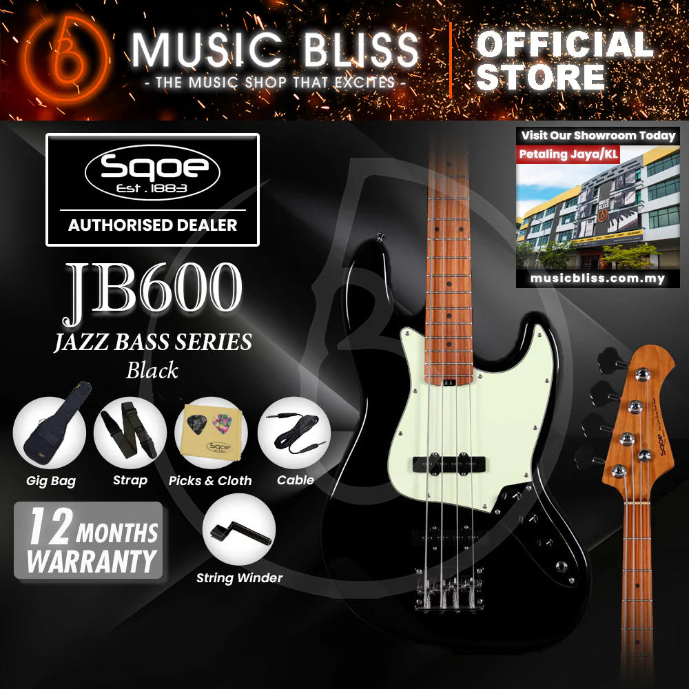 SQOE JB600 JB Series Electric Bass Guitar - Black