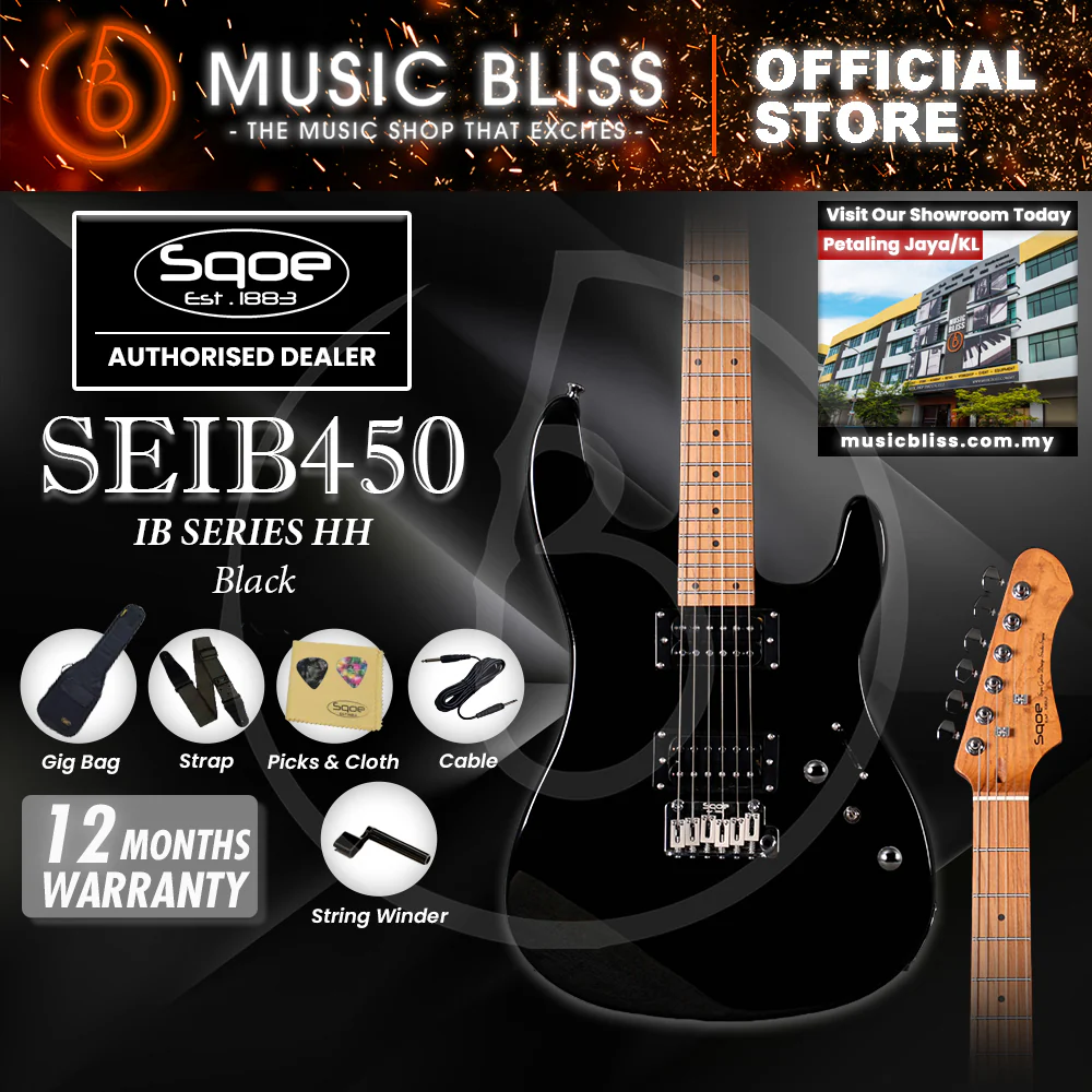 SQOE SEIB450 Double Cutaway Body HH Electric Guitar with Roasted Maple Fretboard - Black