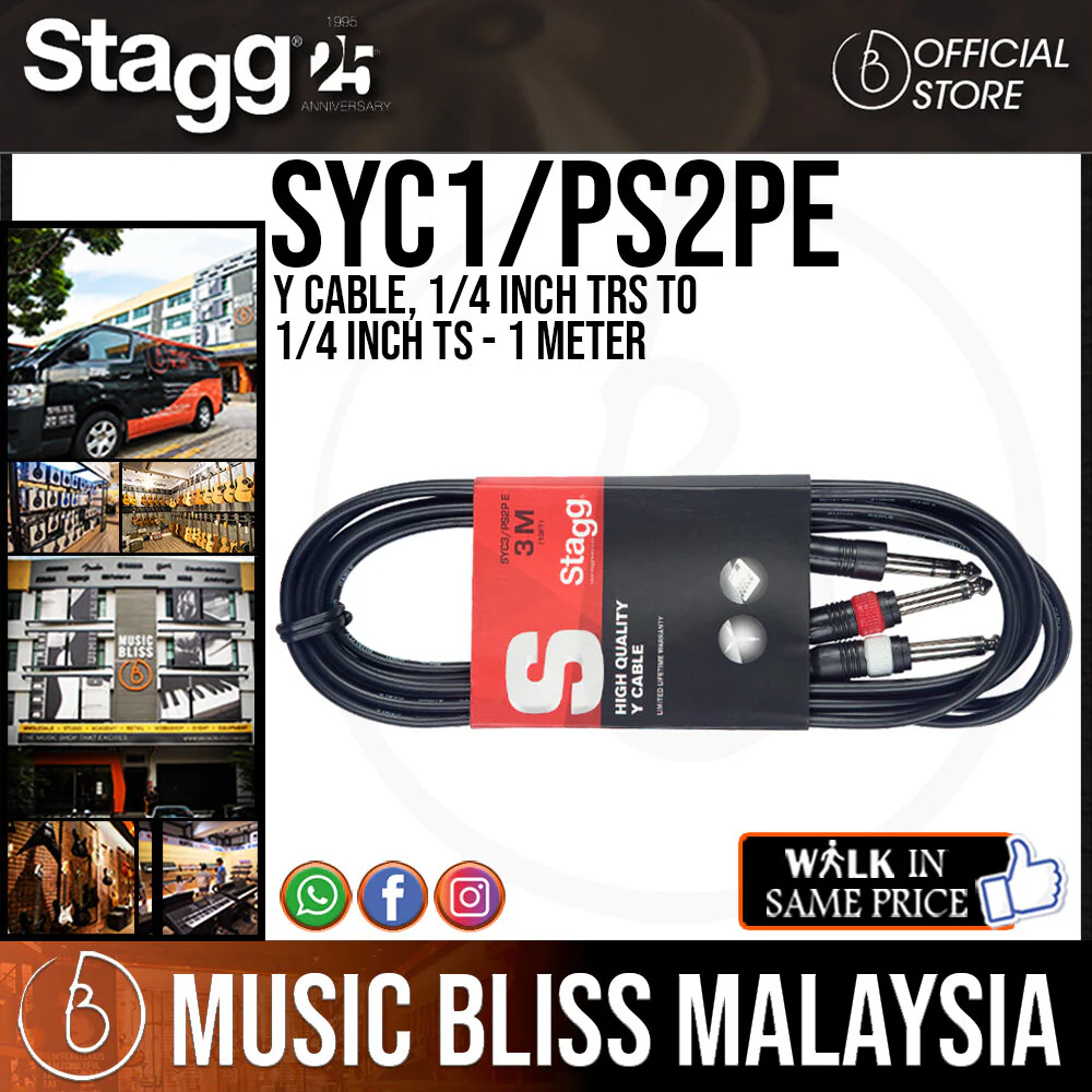 Stagg SYC1/PS2PE Y Cable, 1/4 inch TRS to 1/4 inch TS - 1 Meter