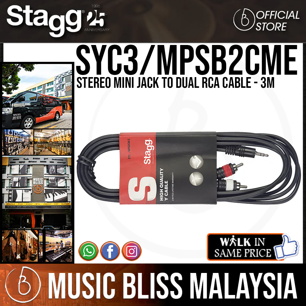 Stagg SYC3/MPSB2CM E Stereo Mini Jack to Dual RCA Cable - 3m