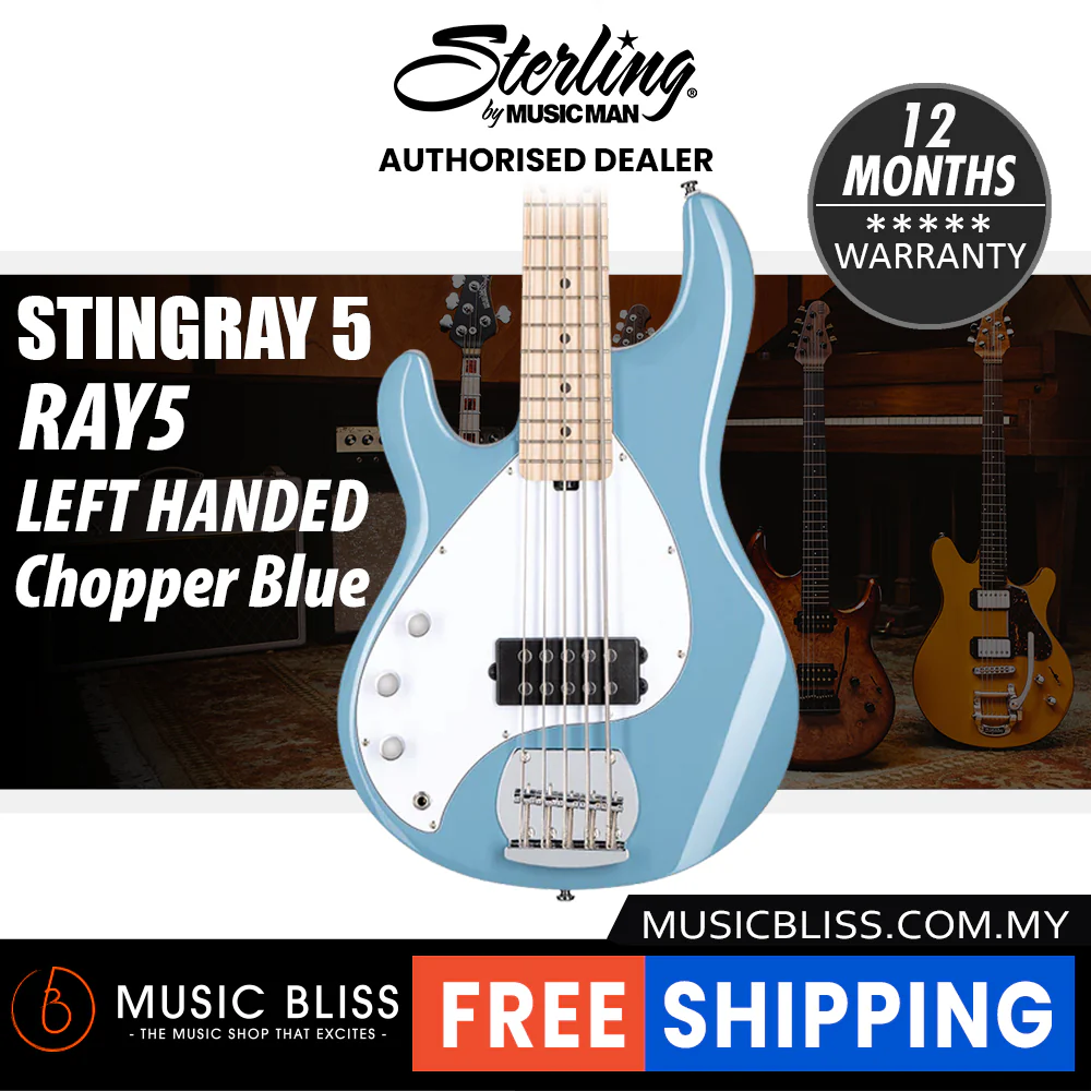 Sterling By Music Man StingRay RAY5 Electric Bass Guitar, Left-Handed - Chopper Blue