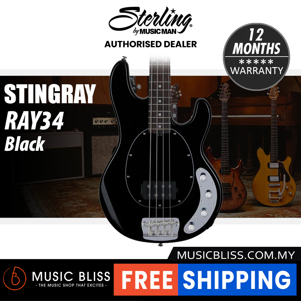 Sterling By Music Man StingRay RAY34 Electric Bass Guitar - Black