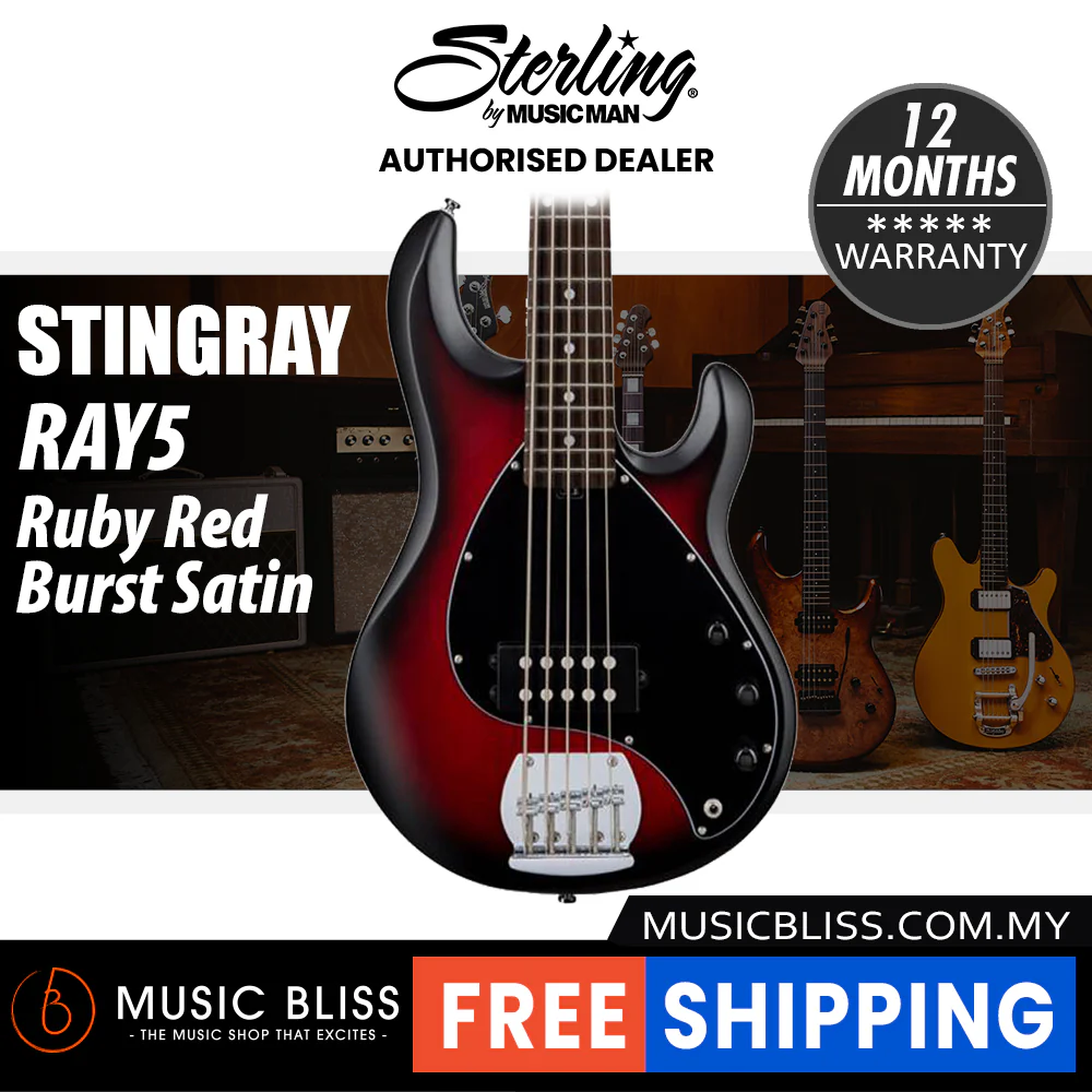 Sterling By Music Man StingRay RAY5 Electric Bass Guitar - Ruby Red Burst Satin