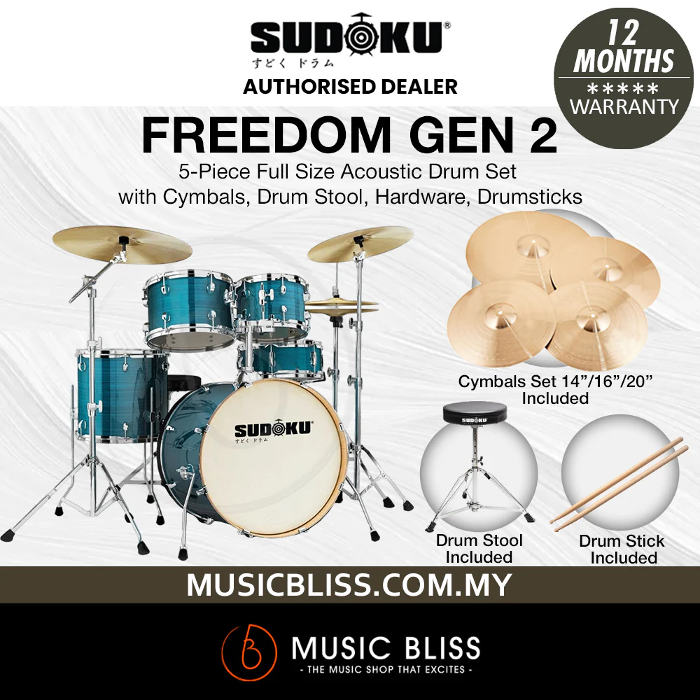 Sudoku Freedom G2 Acoustic Drum Full Size Acoustic Drum Set with Cymbals, Drum Stool, Hardware, Drumsticks - Hairline Blue