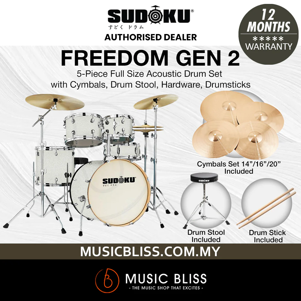 Sudoku Freedom G2 Acoustic Drum Full Size Acoustic Drum Set with Cymbals, Drum Stool, Hardware, Drumsticks - Sparkle White