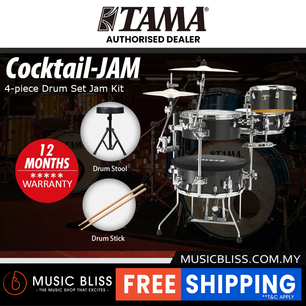 Tama CJB46C Cocktail 4-piece Drum Set Jam Kit with Drum Throne and Drumstick - Midnight Gold Sparkle