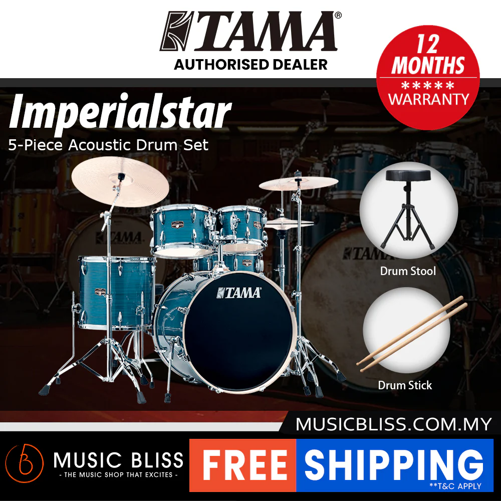 Tama Imperialstar 5-piece Drum Set with Drumsticks and Throne - 22 Inch Bass Drum - Hairline Blue