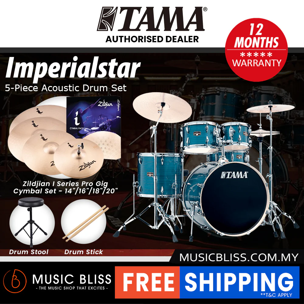Tama Imperialstar 5-piece Drum Set with Drumsticks and Throne - 22 Inch Bass Drum - Hairline Blue - Image 10