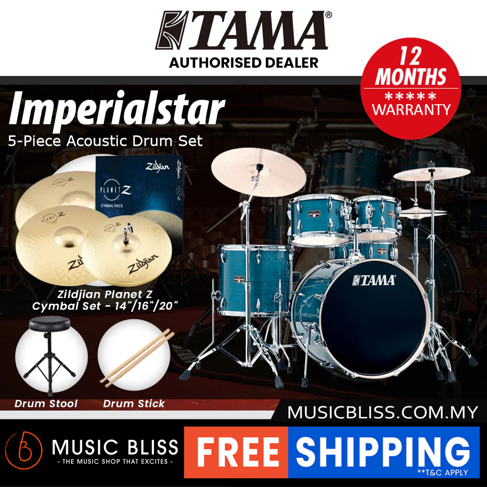 Tama Imperialstar 5-piece Drum Set with Drumsticks and Throne - 22 Inch Bass Drum - Hairline Blue - Image 6
