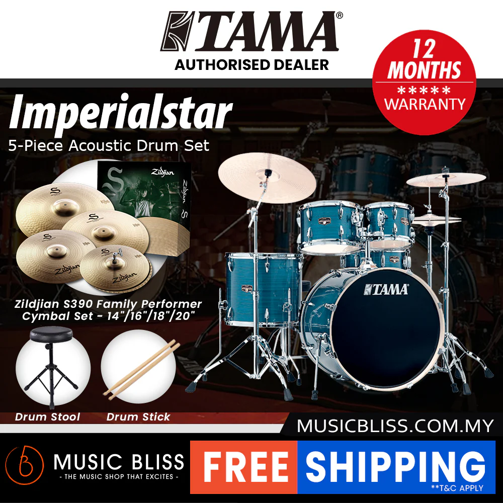 Tama Imperialstar 5-piece Drum Set with Drumsticks and Throne - 22 Inch Bass Drum - Hairline Blue - Image 8