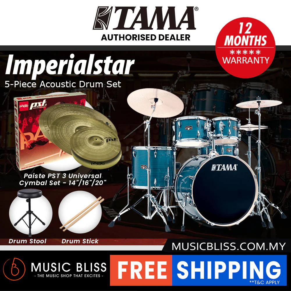 Tama Imperialstar 5-piece Drum Set with Drumsticks and Throne - 22 Inch Bass Drum - Hairline Blue - Image 9