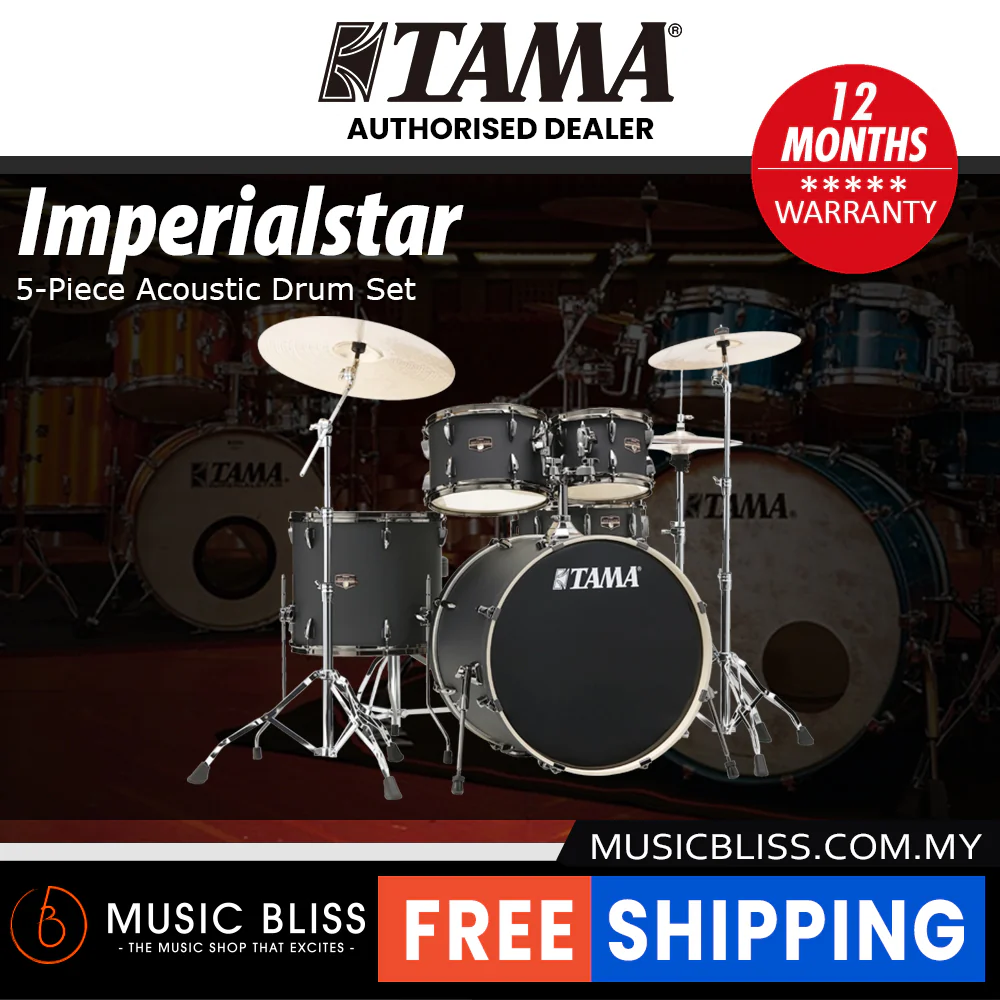 Tama Imperialstar 5-piece Drum Set with Drumsticks and Throne - 22 Inch Bass Drum - Blacked Out Black